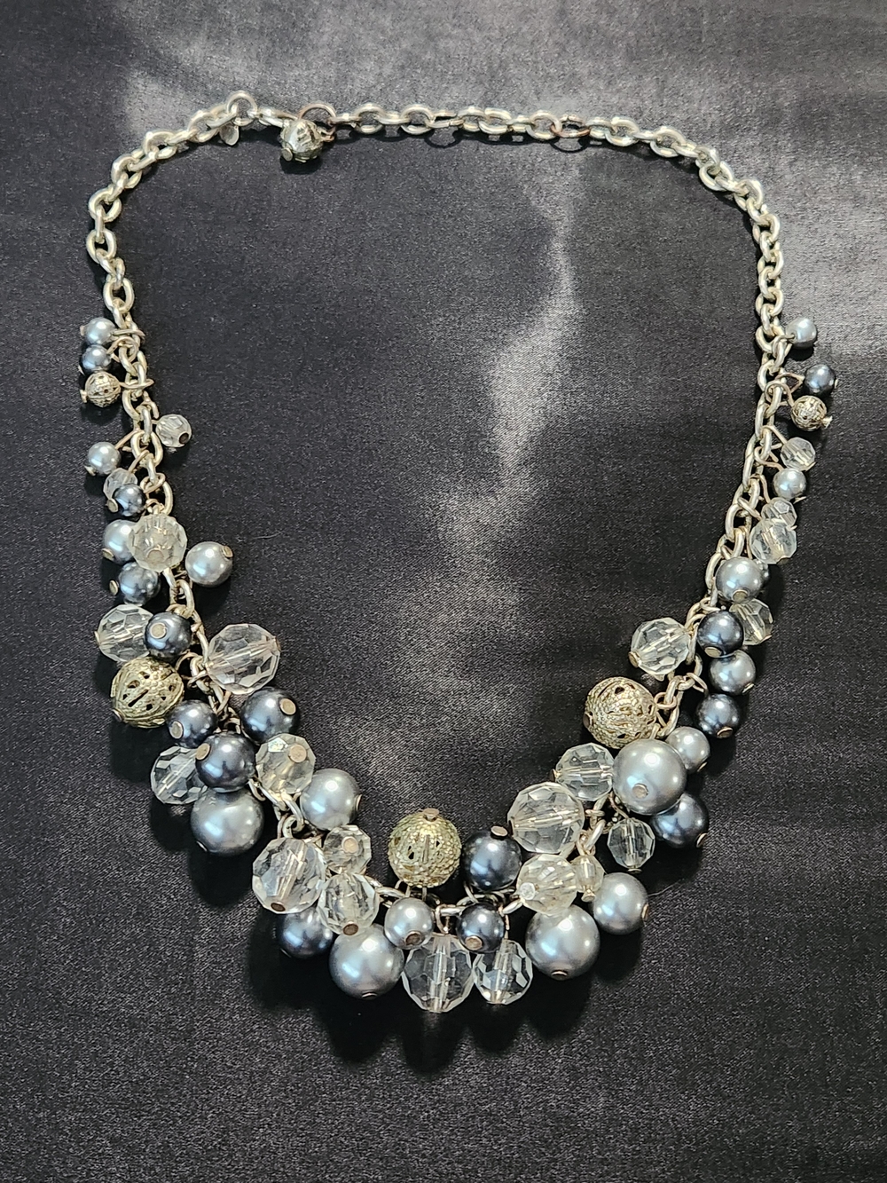 Premier Designs Grey Pearl & Clear Crystal Cluster Necklace